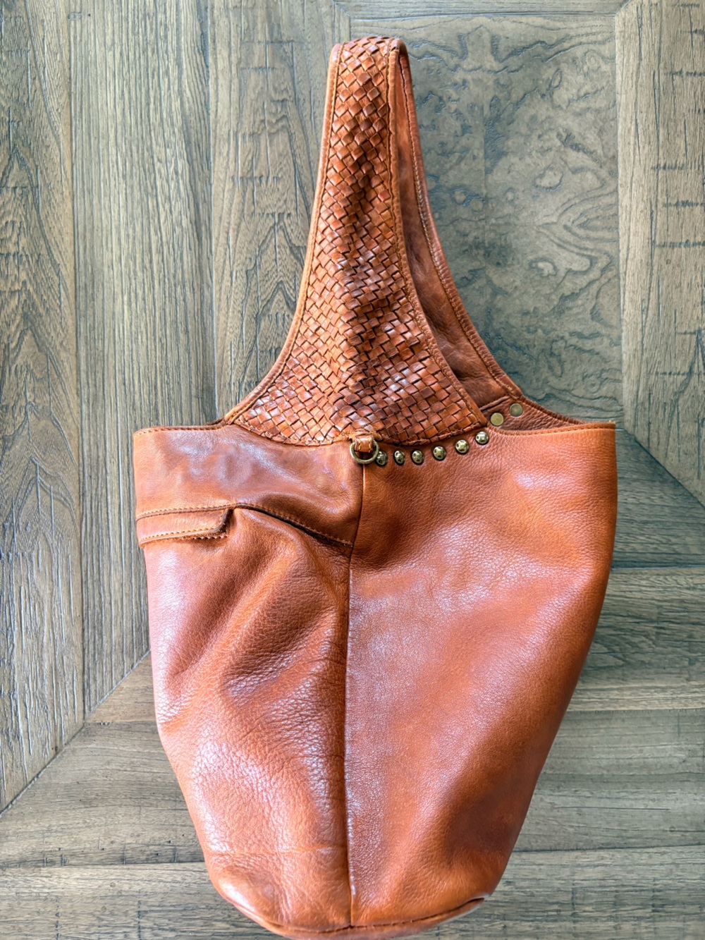 Vilenca Holland Leather Studded Cognac Brown Hobo Bag - Picture 3 of 9